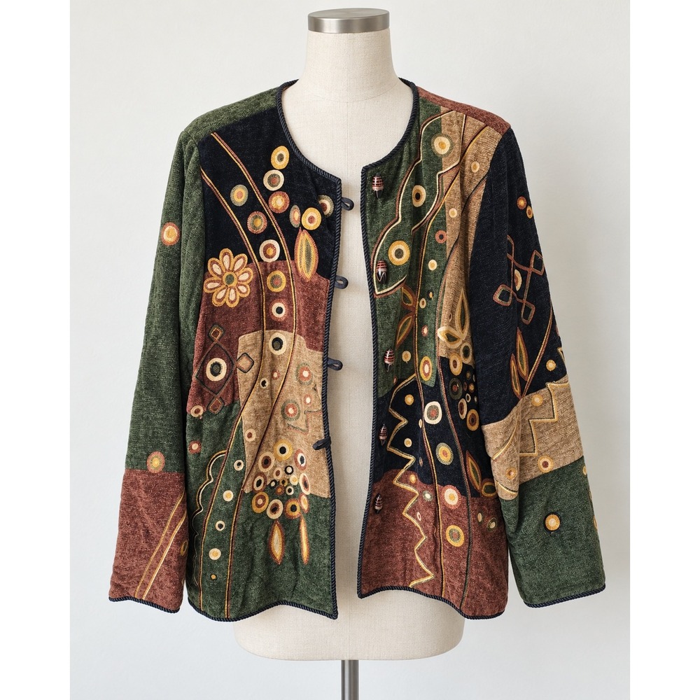 Indigo Moon Women's Velvet Patchwork Embroidered Jacket Boho Artsy Size Medium